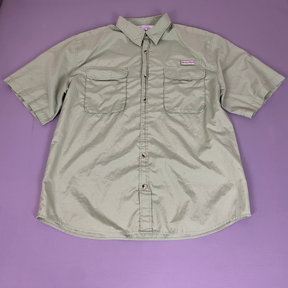 Sun River Fishing Shirt XXL Sage Green Short Sleeve Realtree Vented Back *Flaw*